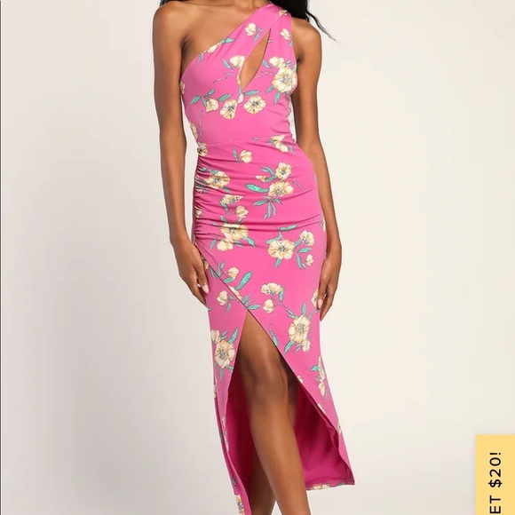 Lulus Dresses & Skirts - So Vibrant Magenta Floral Print One-Shoulder Cutout Midi Dress Large BNWT